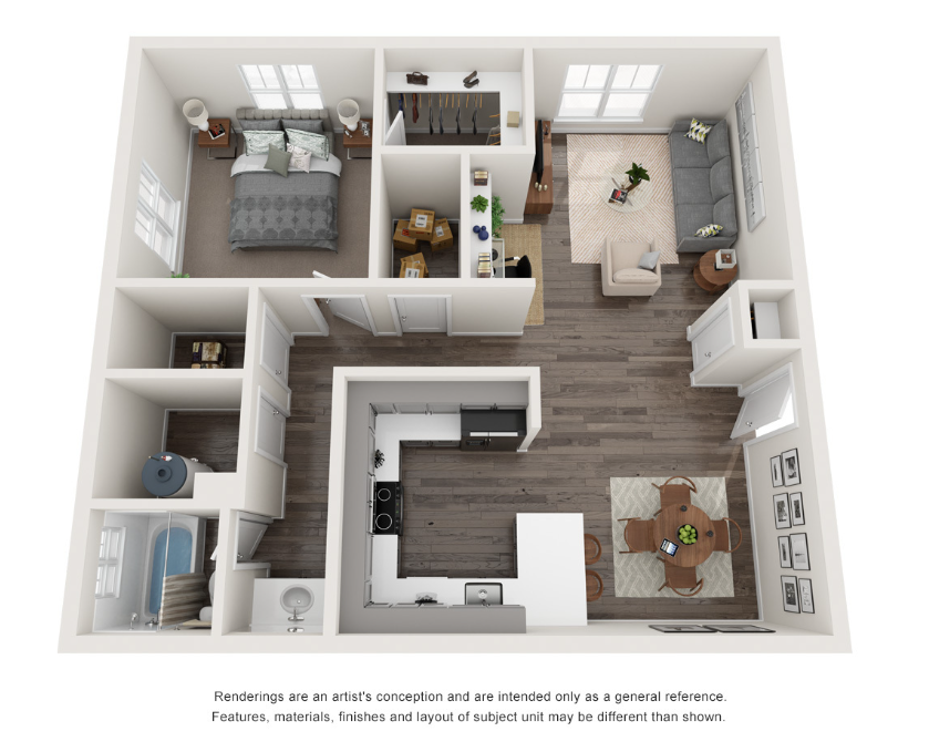 Floor plan for 1 bed, 1 bath, 750 sqft