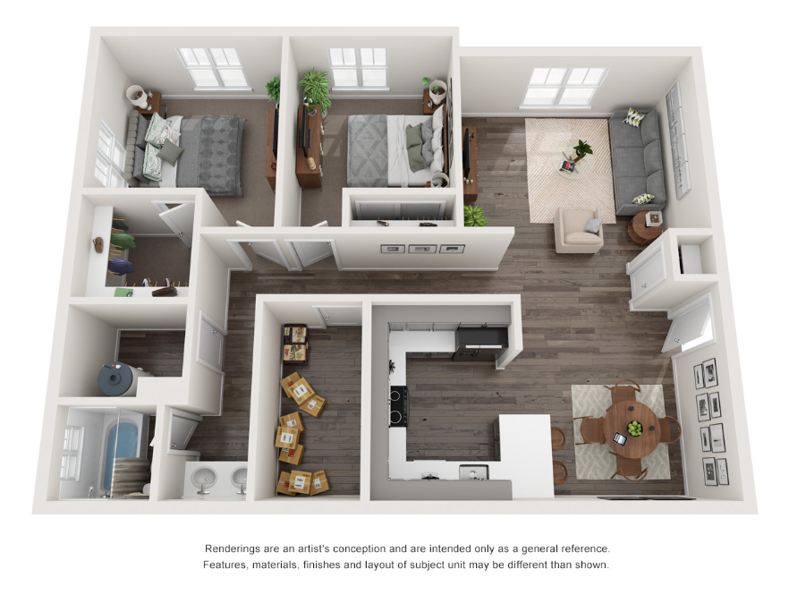 Floor plan for 2 beds, 1 bath, 1000 sqft