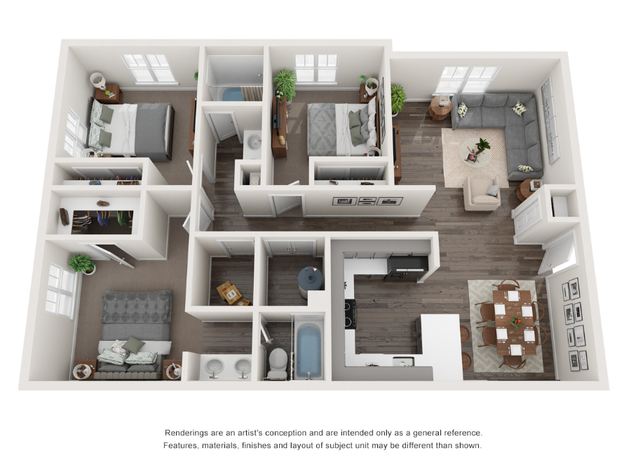 Floor plan for 3 beds, 2 baths, 1115 sqft