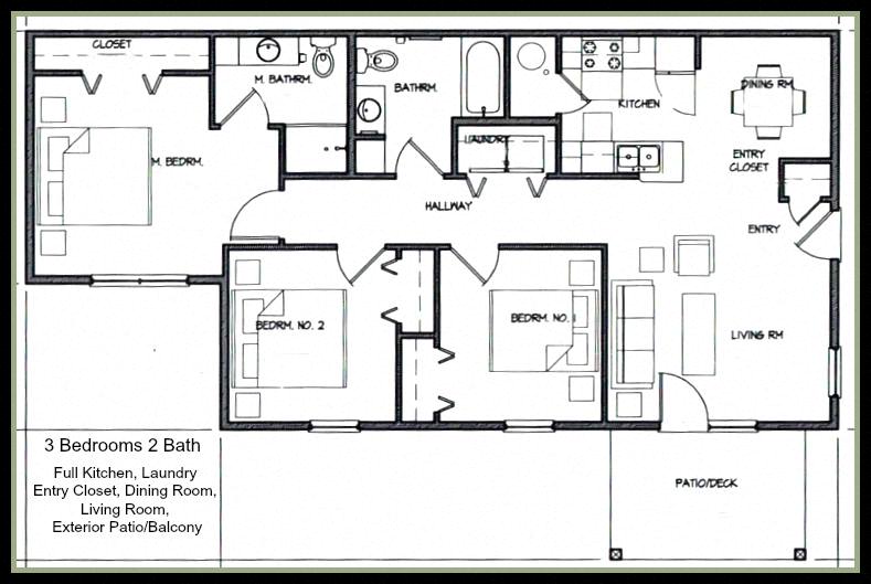 Floor plan for 3 beds, 2 baths, 1126 sqft