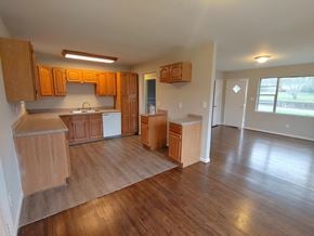 Bessemer house for rent - an empty kitchen with wooden floors and wooden cabinets