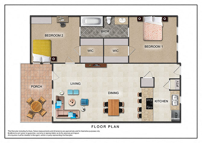 Floor plan for 2 beds, 1 bath, 868 sqft