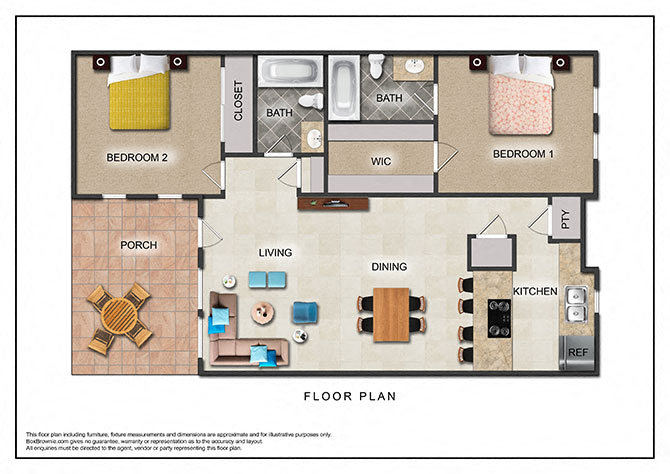 Floor plan for 2 beds, 2 baths, 900 sqft