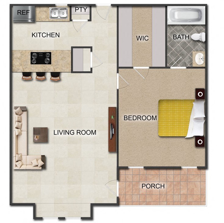 Floor plan for 1 bed, 1 bath, 626 sqft