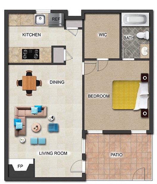 Floor plan for 1 bed, 1 bath, 700 sqft