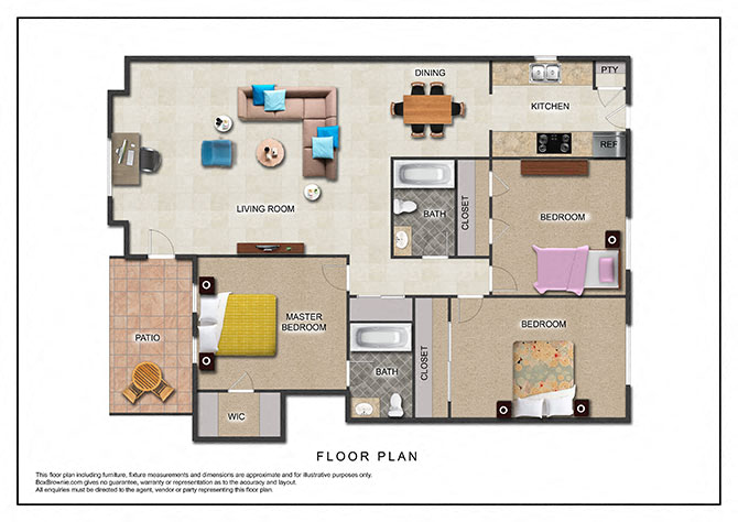 Floor plan for 3 beds, 2 baths, 1117 sqft