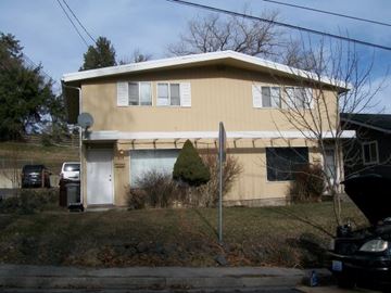 Pullman apartment for rent - A beige house with a white door and a tree in front.