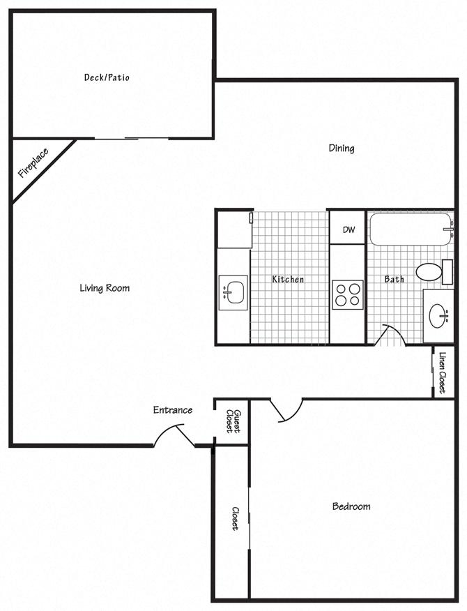 Floor plan for 1 bed, 1 bath, 685 sqft