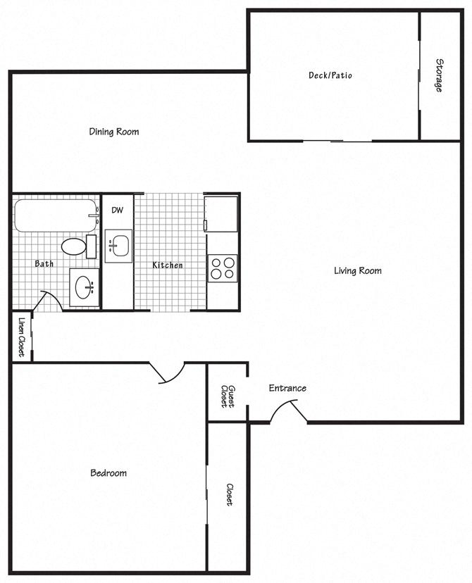 Floor plan for 1 bed, 1 bath, 686 sqft