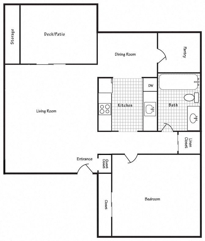 Floor plan for 1 bed, 1 bath, 685 sqft