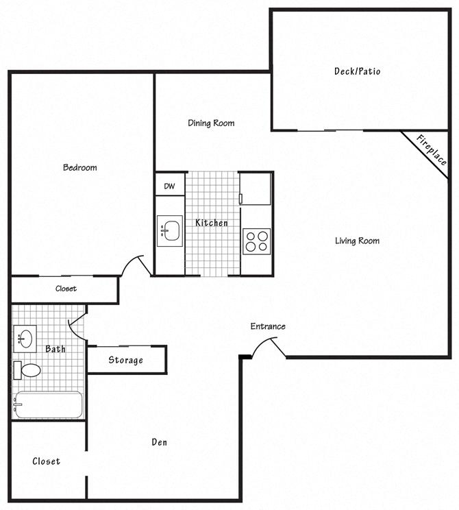 Floor plan for 1 bed, 1 bath, 850 sqft
