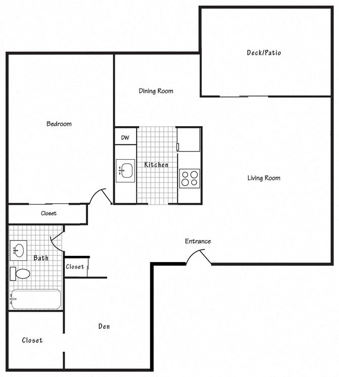 Floor plan for 1 bed, 1 bath, 824 sqft