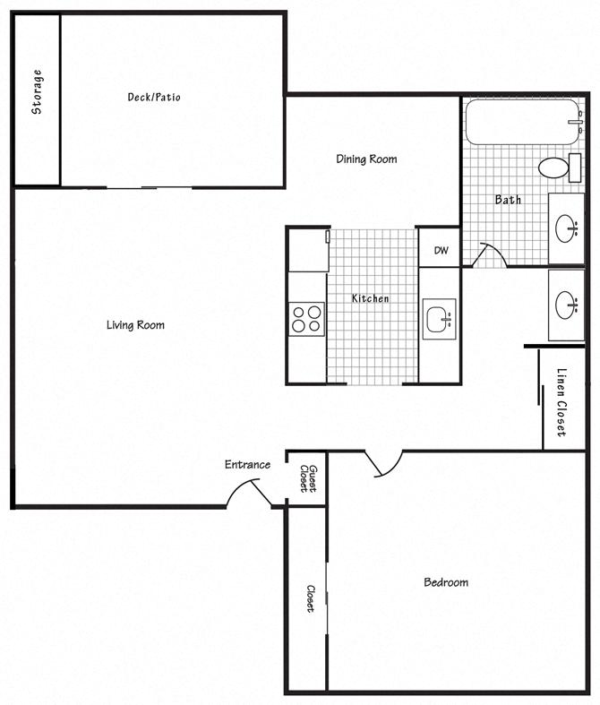 Floor plan for 1 bed, 1.5 baths, 685 sqft