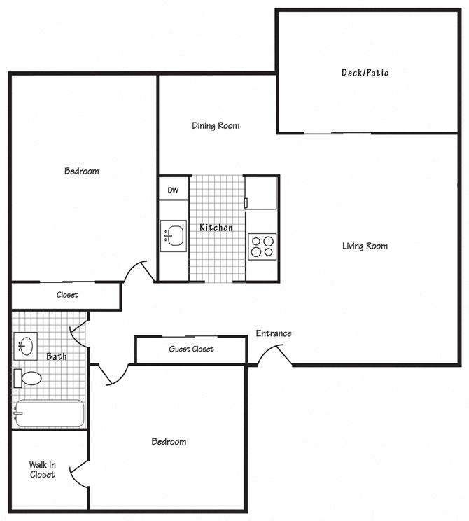 Floor plan for 2 beds, 1 bath, 824 sqft