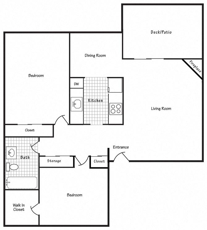 Floor plan for 2 beds, 1 bath, 850 sqft