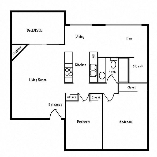 Floor plan for 2 beds, 1 bath, 996 sqft