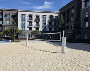 Oxnard apartment for rent - A beach volleyball net is set up in the sand in front of apartment buildings.