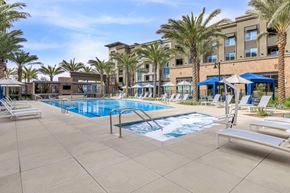 Oxnard apartment for rent - A pool surrounded by palm trees and lounge chairs.