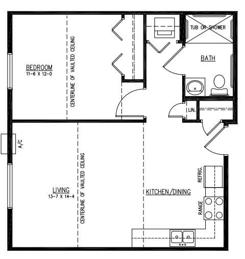 Floor plan for 1 bed, 1 bath, 584 sqft