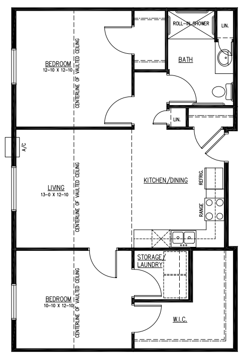 Floor plan for 2 beds, 1 bath, 965 sqft