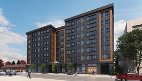Philadelphia apartment for rent - a rendering of an apartment building on a city street