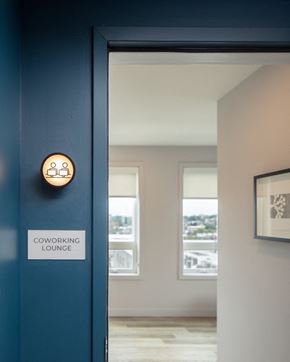 Philadelphia apartment for rent - A doorway leading to a coworking lounge.