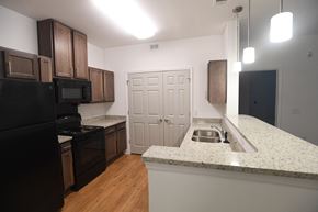 Abbeville apartment for rent - A kitchen with a black refrigerator and wooden cabinets.