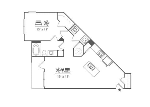 Floor plan for 1 bed, 1 bath, 822 sqft
