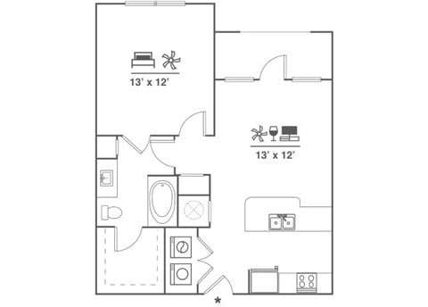 Floor plan for 1 bed, 1 bath, 661 sqft