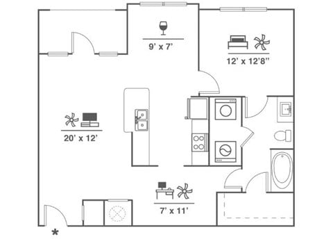 Floor plan for 1 bed, 1 bath, 984 sqft