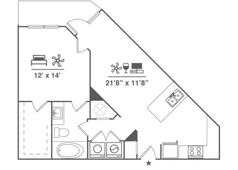 Floor plan for 1 bed, 1 bath, 766 sqft