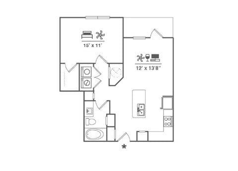Floor plan for 1 bed, 1 bath, 720 sqft