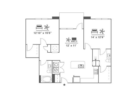 Floor plan for 2 beds, 2 baths, 1109 sqft