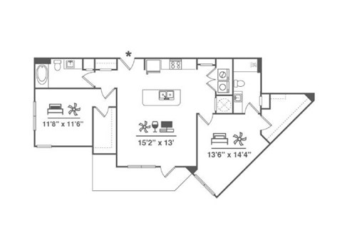 Floor plan for 2 beds, 2 baths, 1176 sqft