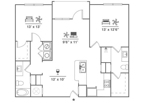 Floor plan for 2 beds, 2 baths, 1105 sqft