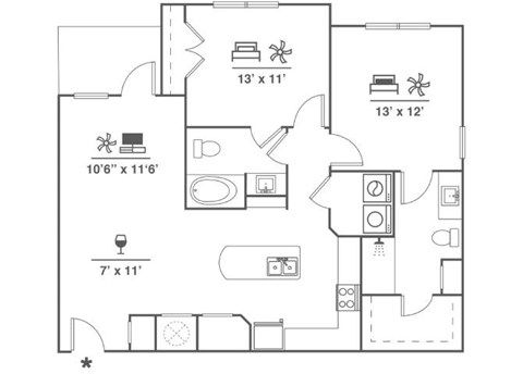 Floor plan for 2 beds, 2 baths, 1121 sqft