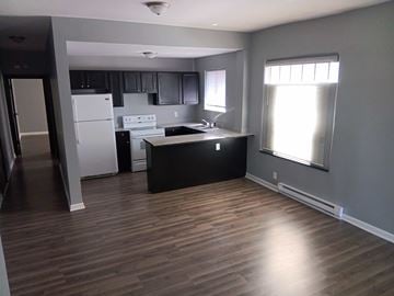 Indianapolis apartment for rent - A kitchen with a white refrigerator and black countertops.