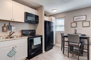 Greensboro apartment for rent - a kitchen with a black refrigerator and a table and chairs
