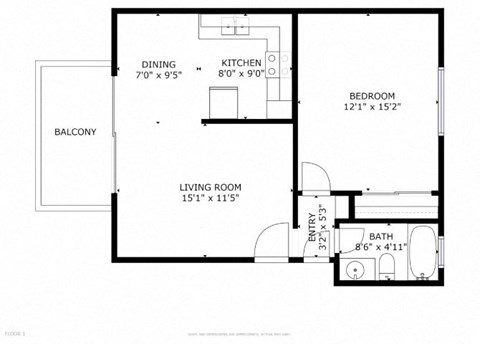 Floor plan for 1 bed, 1 bath, 660 sqft