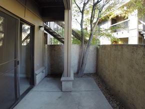 Modesto apartment for rent - A concrete patio with a tree and a building in the background.