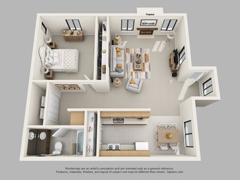 Floor plan for 1 bed, 1 bath, 760 sqft