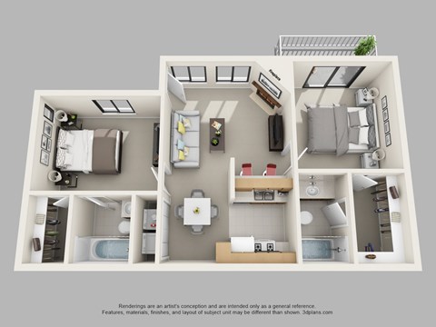Floor plan for 2 beds, 2 baths, 936 sqft