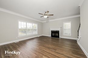 Advance house for rent - a living room with a fireplace and a ceiling fan