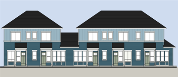 Ontario townhouse for rent - A blue two story house with black roofs.