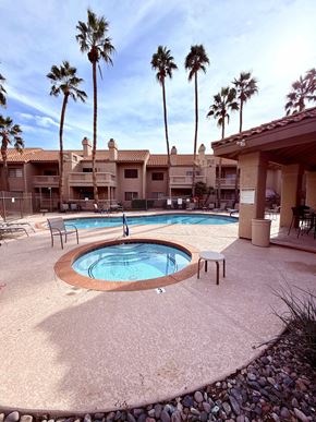 Mesa apartment for rent - A pool surrounded by palm trees and a building.