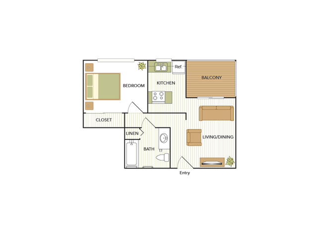 Floor plan for 1 bed, 1 bath, 586 sqft