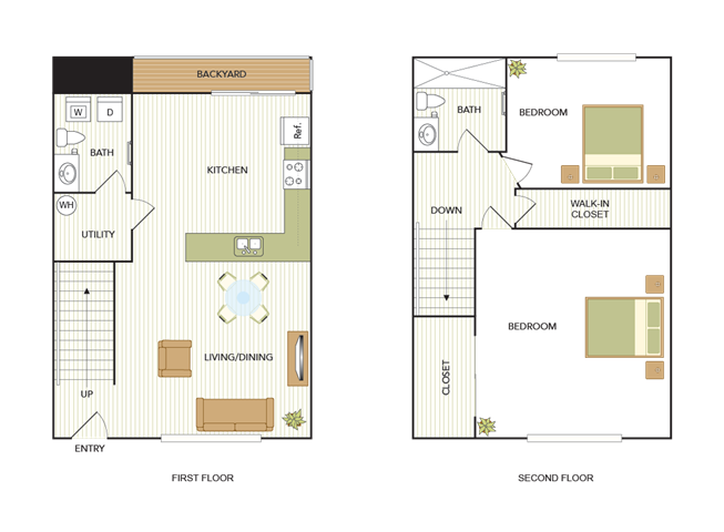 Floor plan for 2 beds, 1.5 baths, 944 sqft
