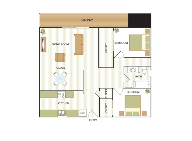 Floor plan for 2 beds, 1 bath, 750 sqft