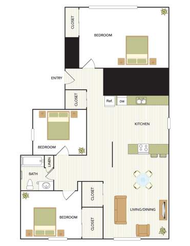 Floor plan for 3 beds, 1 bath, 907 sqft