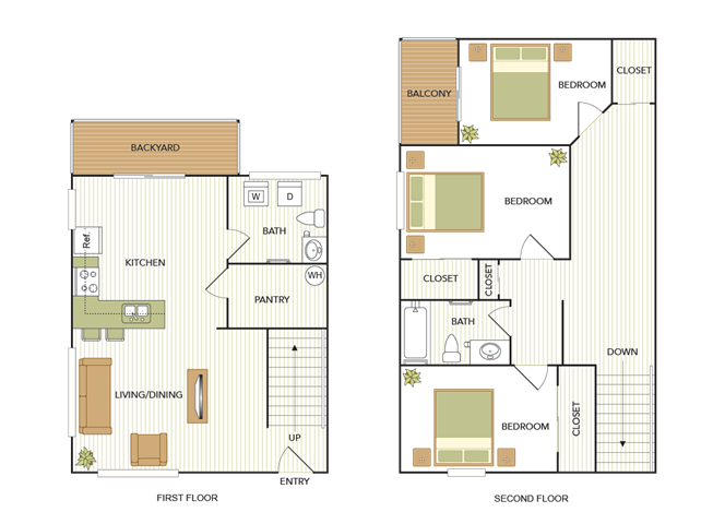 Floor plan for 3 beds, 1.5 baths, 1088 sqft
